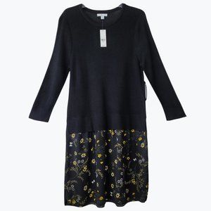 New York & Co Women's NWT Sz M Dress 1/2 Sweater Long Sleeve Blk Yellow Floral